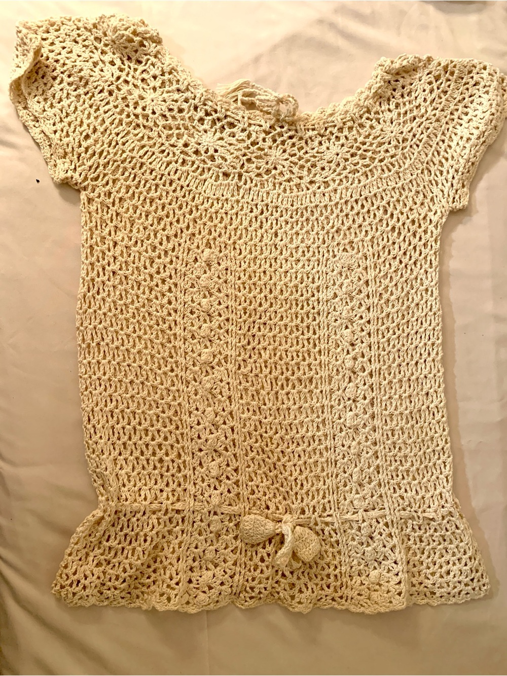 Vintage Crochet Cream Short-Sleeve Tie-Waist Top